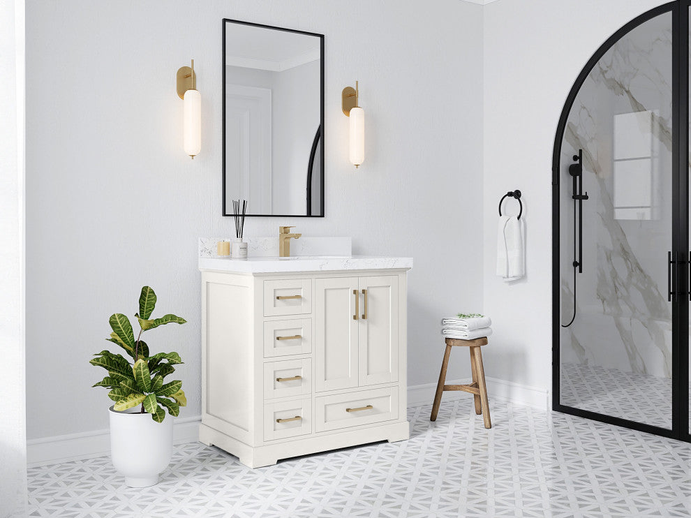 Boston 36" Center Sink Bath Vanity in Alabaster 2" Viola Gold