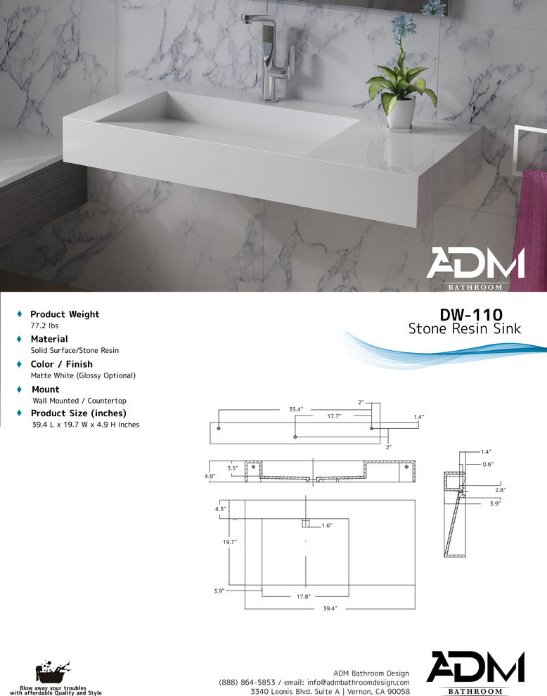ADM Rectangular Wall Mounted Sink, White, 39", Glossy 23" Left