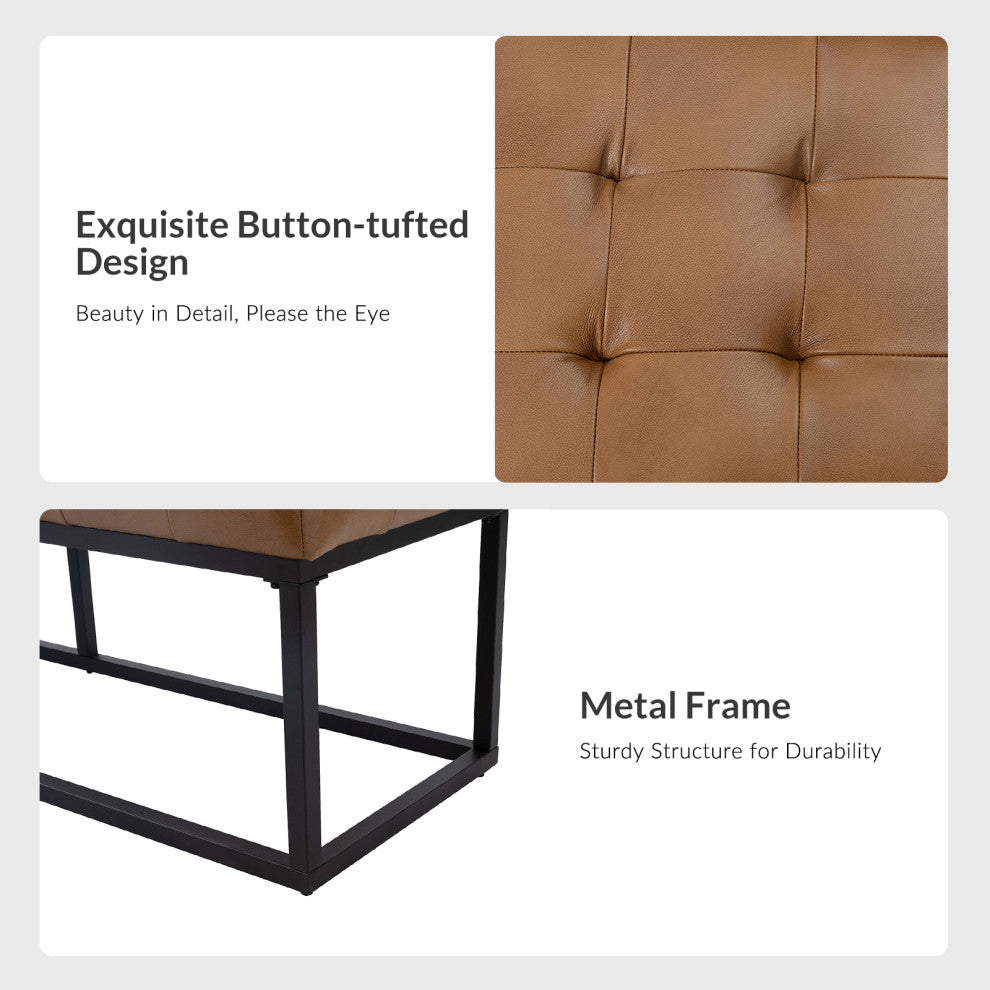 60"W Genuine Leather Bedroom Bench, Camel