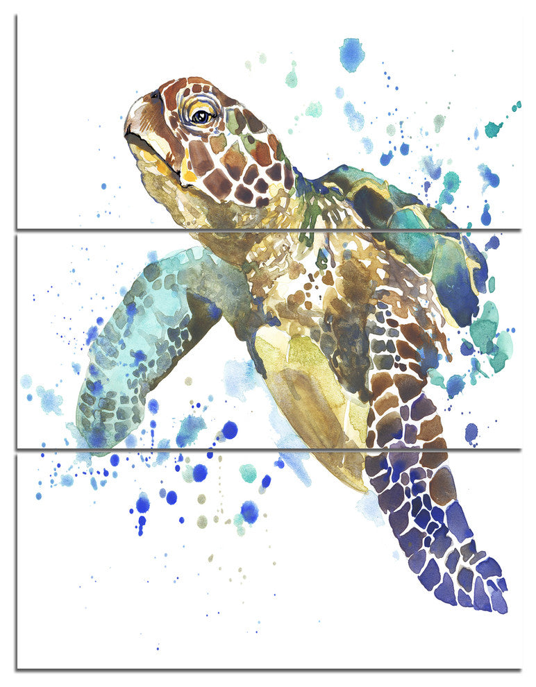 Blue Sea Turtle Illustration, Animal Triptych Canvas Art Print, 28x36, 3 Panels