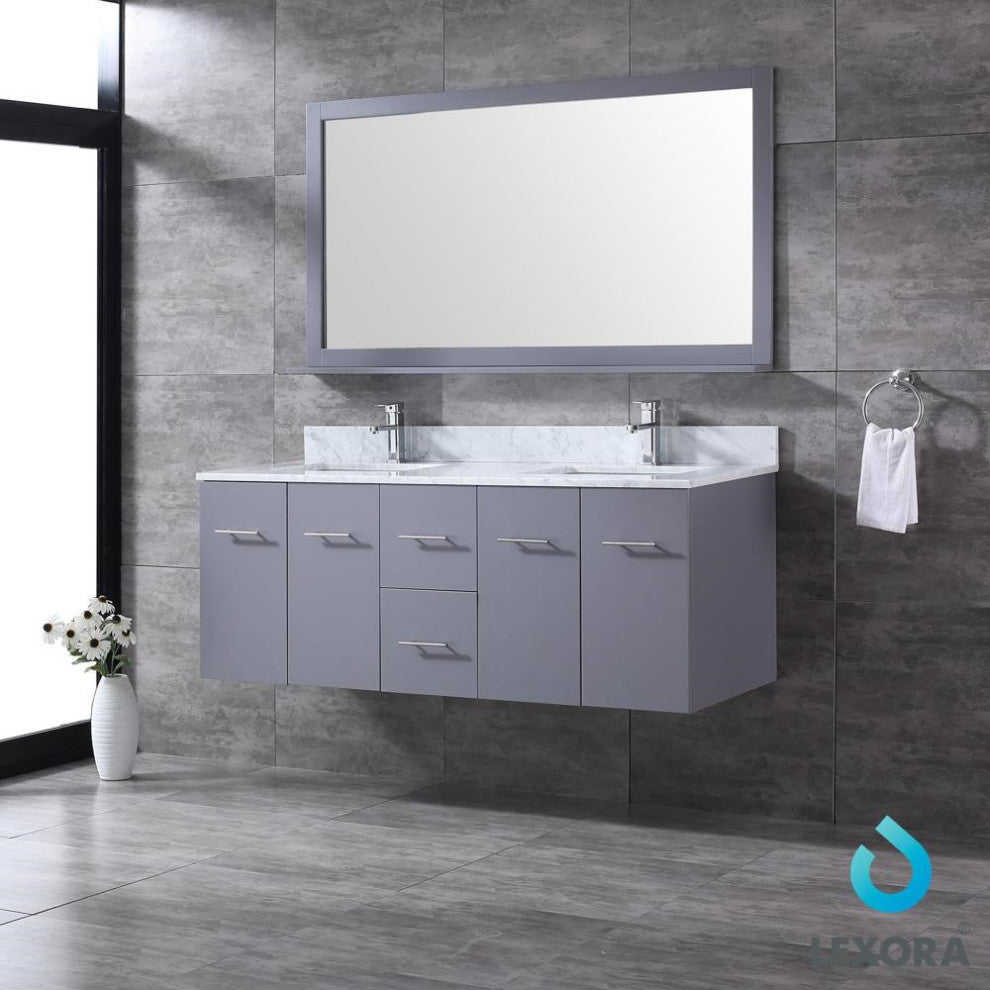 Amelie 60" Dark Grey Double Vanity Carrara Marble Top Sinks and 60" Wall Mirror