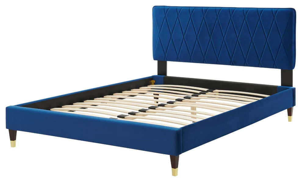 Platform Bed Frame, Queen Size, Velvet, Blue Navy, Modern Contemporary, Bedroom