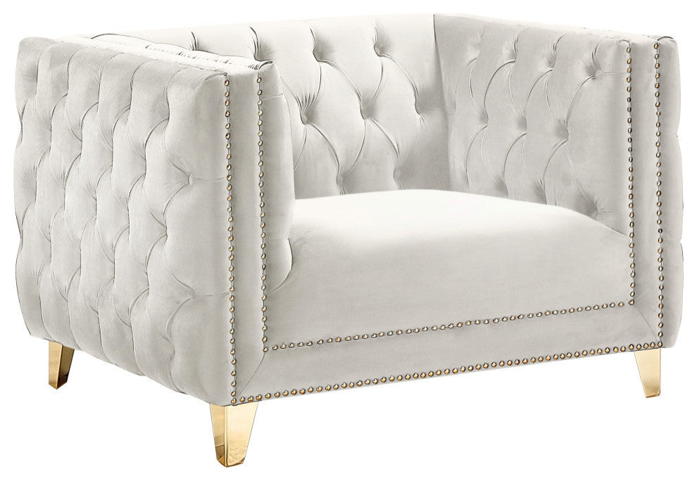 Michelle Fabric Upholstered Chair, Gold Iron Legs, Cream, Velvet, Chair