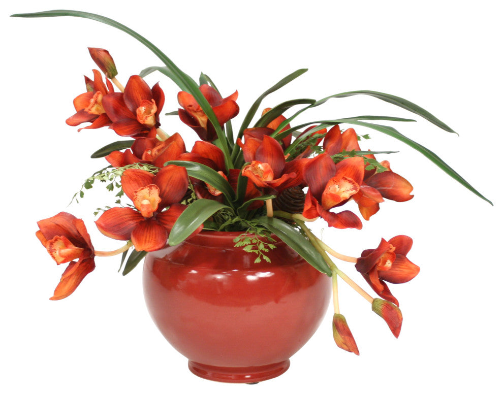 Rust Orchids with Maiden Hair Fern in Red Ceramic Planter