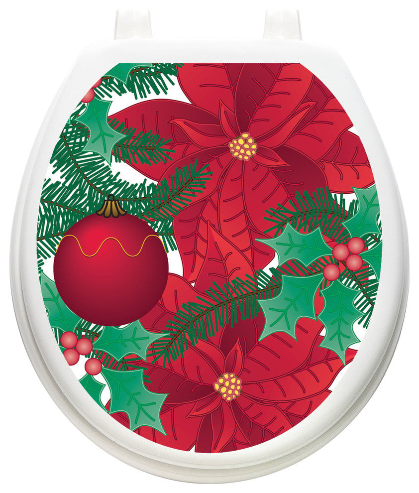 Poinsettia Toilet Tattoos Seat Cover, Vinyl Lid Decal, Holiday Bathroom Decor, Round