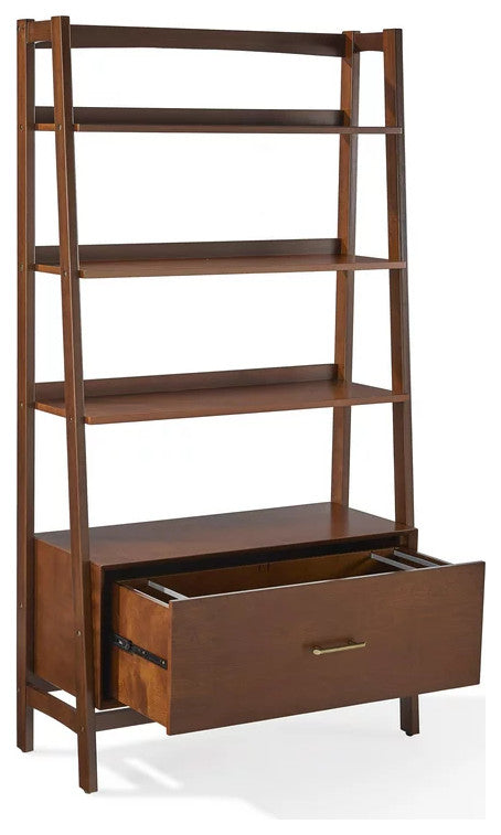 Mid Century Modern Bookcase, Open Compartments With Lower Cabinet, Mahogany