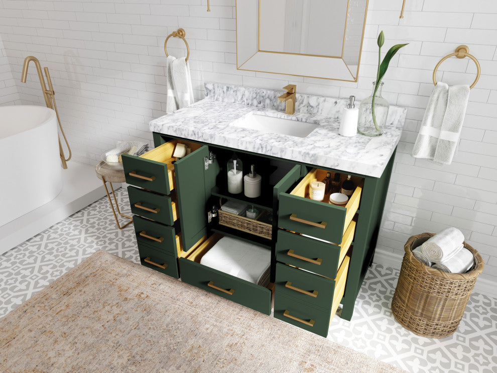 Preston Bath Vanity, Green, 48", Empira Quartz Top, Single, Freestanding