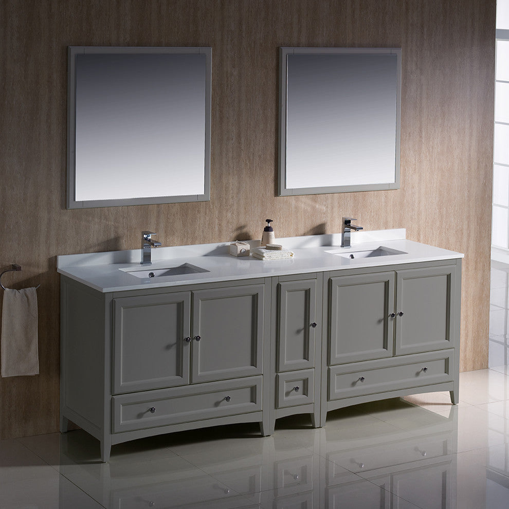 Oxford 84" Gray Traditional Double Sink Bathroom Vanity, Faucet, FFT3811CH