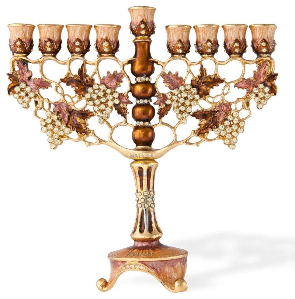 Tall Hand Painted Menorah Candelabra Embellished with a Vineyard Design, 7.25"