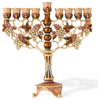 Tall Hand Painted Menorah Candelabra Embellished with a Vineyard Design, 7.25"