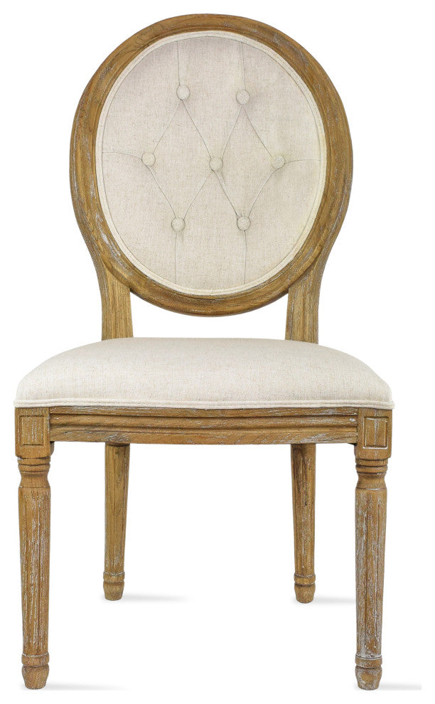 French Chic Vintage Style Dining Side Chair With Upholstered Linen Welted Fabric, Button Back