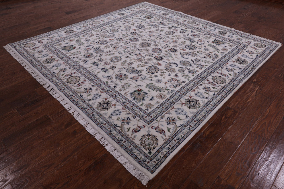 8' Square Wool and Silk Persian Nain Hand Knotted Rug Q9340