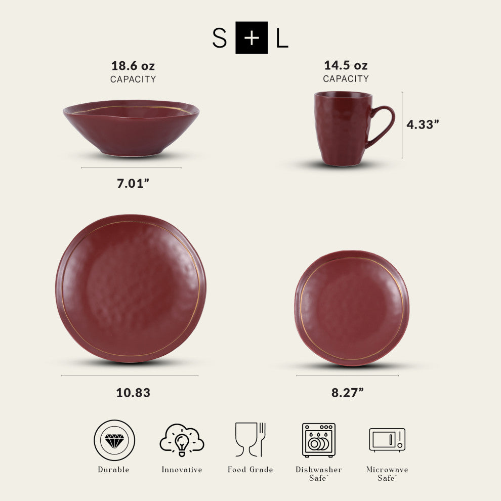 Stone Lain Clara Porcelain 16 Piece Dinnerware Set, Burgundy