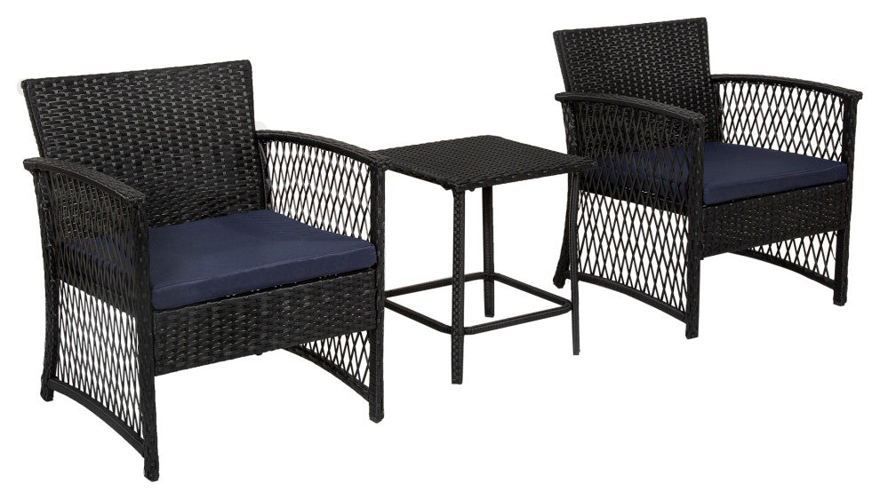 WestinTrends 3PC Outdoor Patio Rattan Wicker Seating Conversation Set, Black/Navy