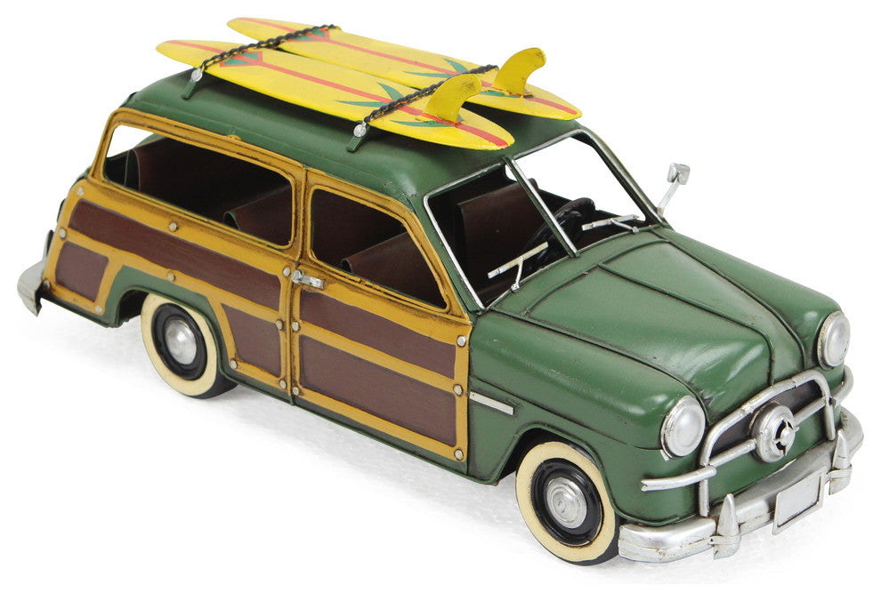Mini Woody Car With Surfboard Circa 1949, Green