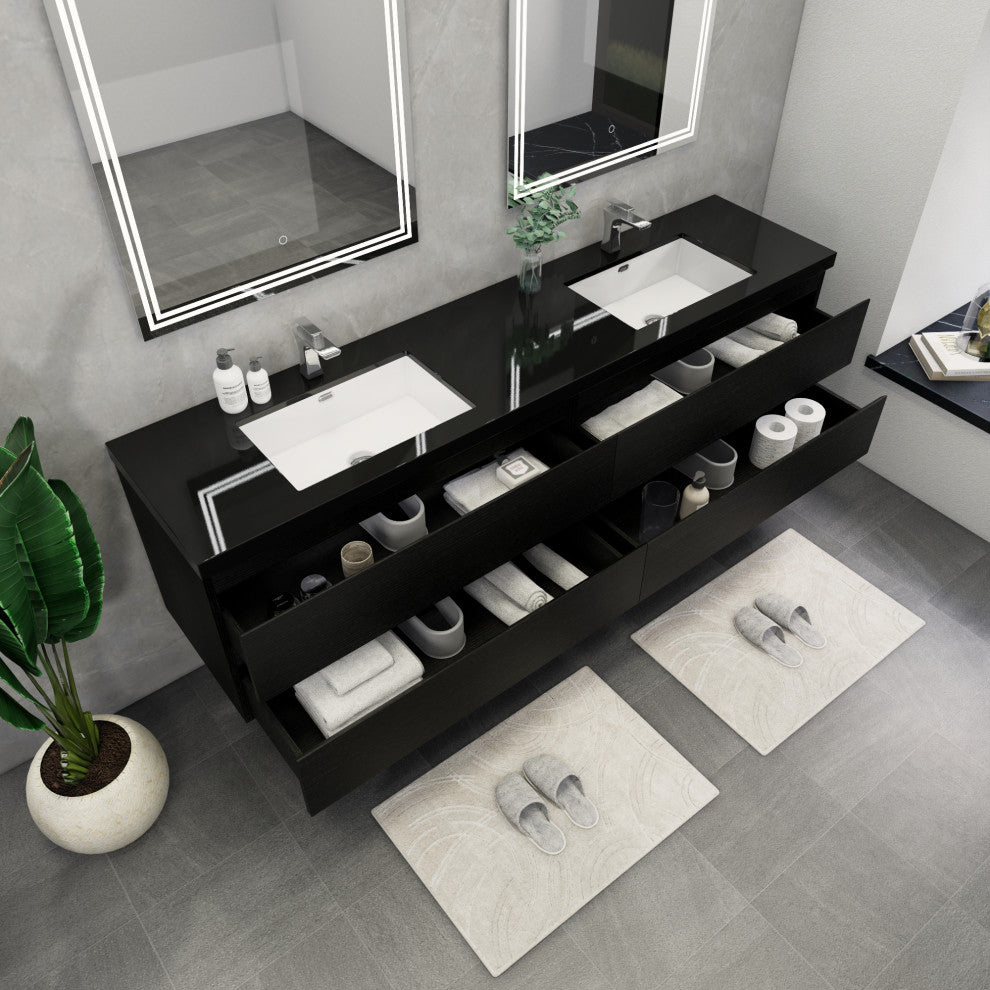 Belli 84" Double Sink Wall Mount Vanity Set, Rich Black Oak, Black Top