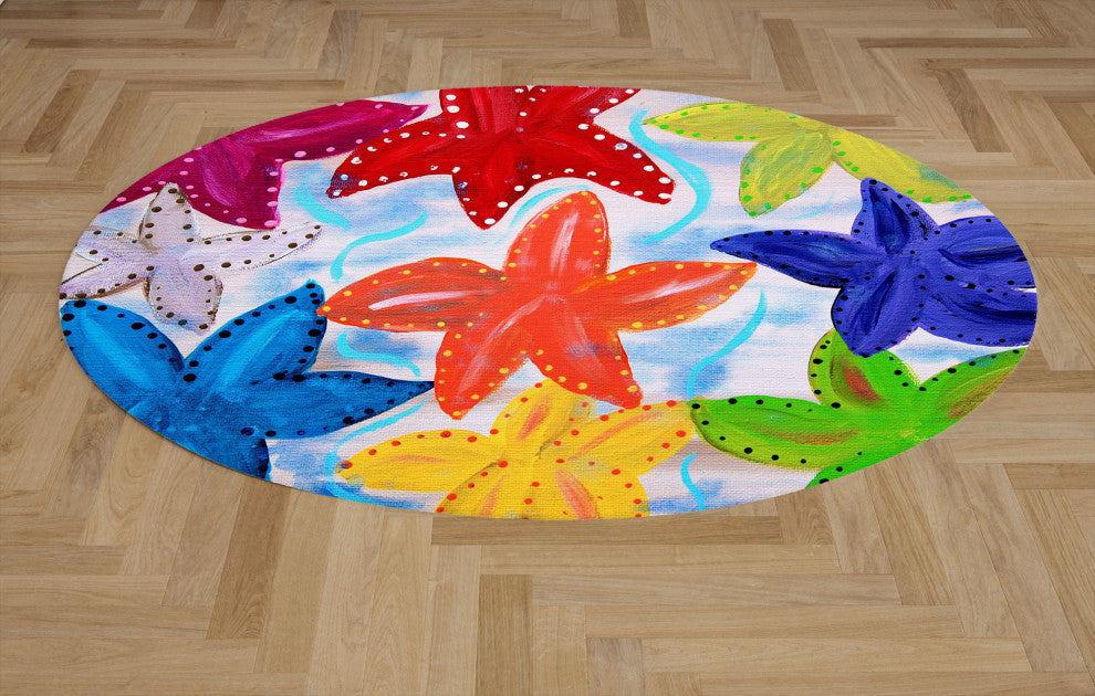 Sea life round chenille area rugs from my art. Approximately 60", Colorful Starf