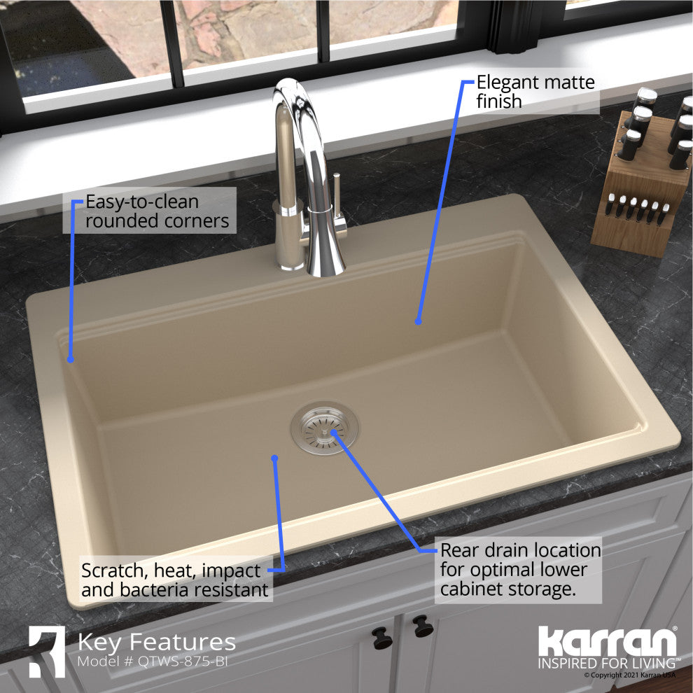 Karran Top Mount 33" Single Bowl Quartz Workstation Kitchen Sink, Bisque