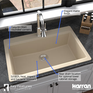 Karran Top Mount 33" Single Bowl Quartz Workstation Kitchen Sink, Bisque