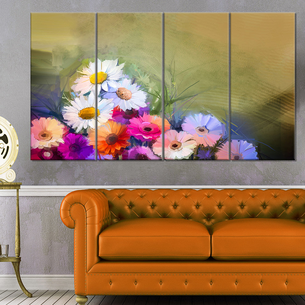 White Sunflower and Gerbera Flowers, Floral Canvas Art Print, 48"x28", 4 Panels