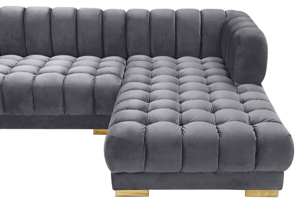 Gwen Biscuit Tufted Velvet Upholstered 3 Piece Sectional, Gray