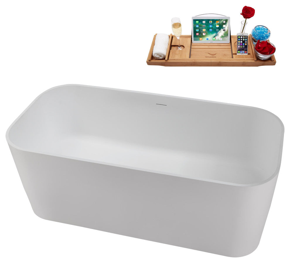 59" Streamline NS5780CH Matte White Stone Resin Bathtub, Tray With Chrome Drain