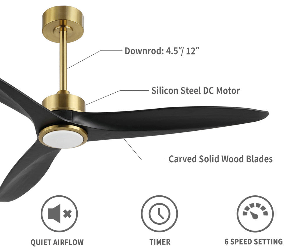 52" Solid Wood 3-Blade LED Ceiling Fan With Remote Control and Light Kit, Gold/Black
