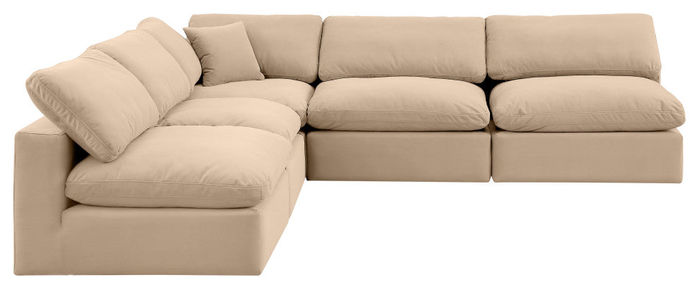 Comfy Upholstered L-Shaped Modular Sectional, Beige, 5-Piece: 4 Armless Chair, 1 Corner Chair, Velvet
