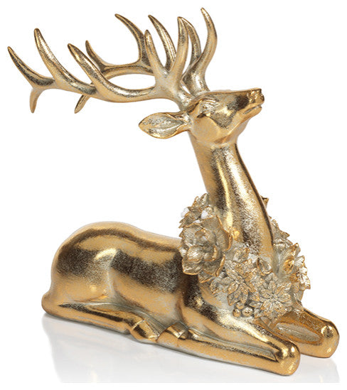 Clara Golden Sitting Deer Figurine With Floral Wreath