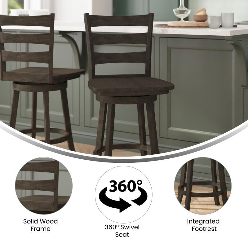 Liesel Ladderback Swivel Counter Height Barstool with Solid Wood Seat, Gray Wash Walnut