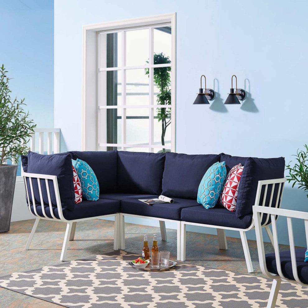 Lounge Sectional Sofa Chair Set, Aluminum, Metal, White Blue Navy, Outdoor