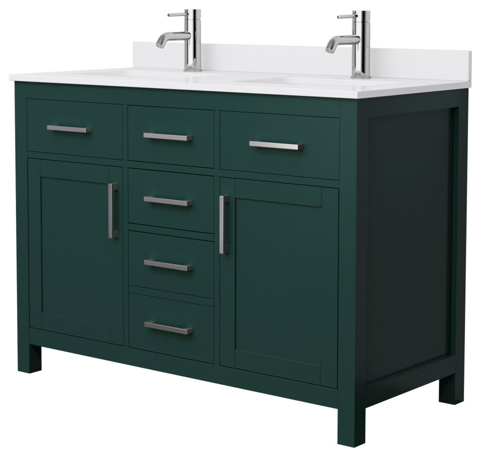 48"DBL Bathroom Vanity Green, White Cult. Marble Countertop, Sinks, Nickel Trim