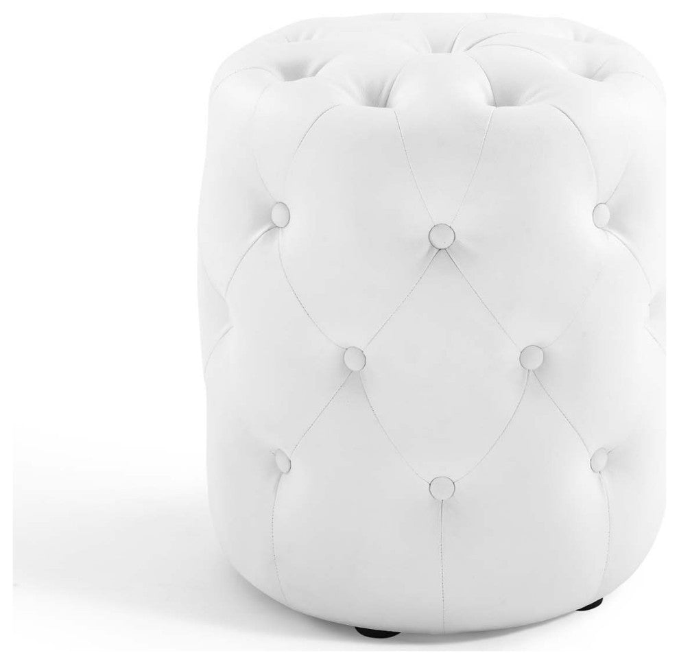 Tufted Accent Chair Ottoman, Round, Faux Leather, White, Modern, Lounge