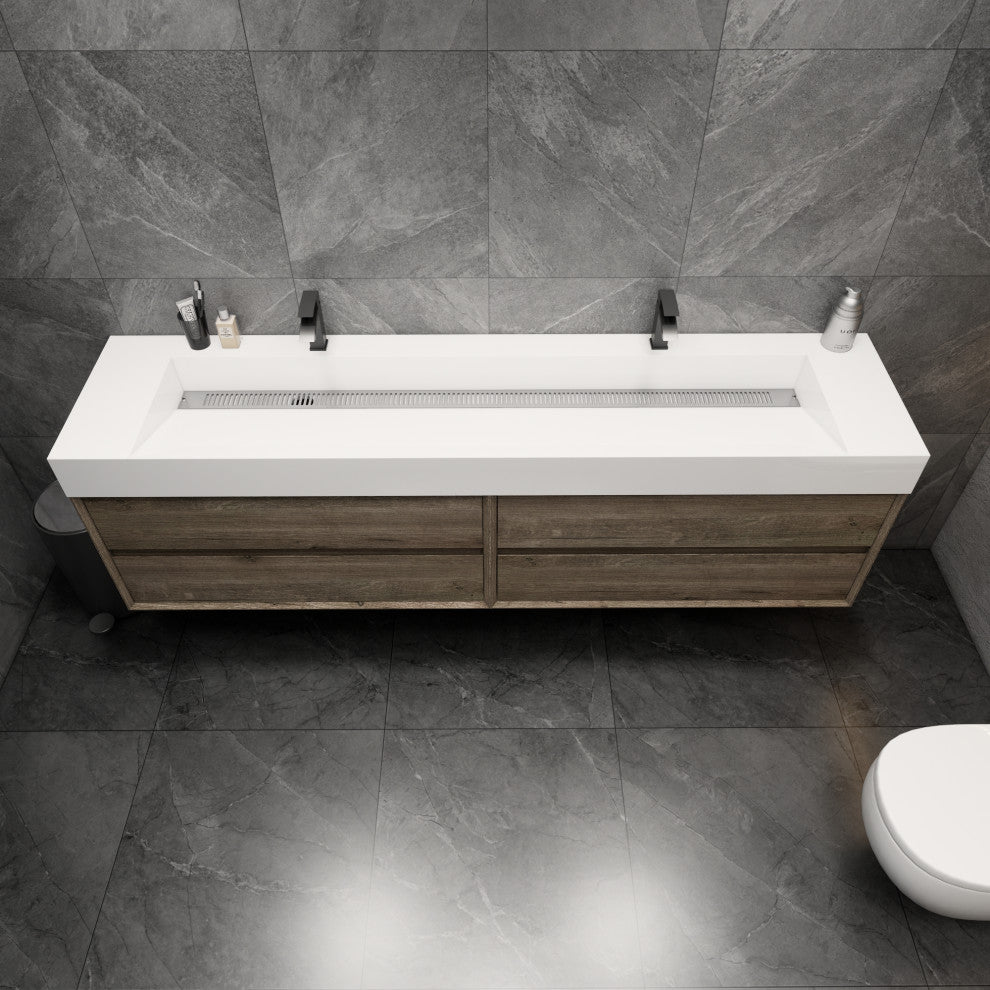 MAX 84" Double Floating Bath Vanity With Acrylic Sink, Coffee Wood, Gray Oak