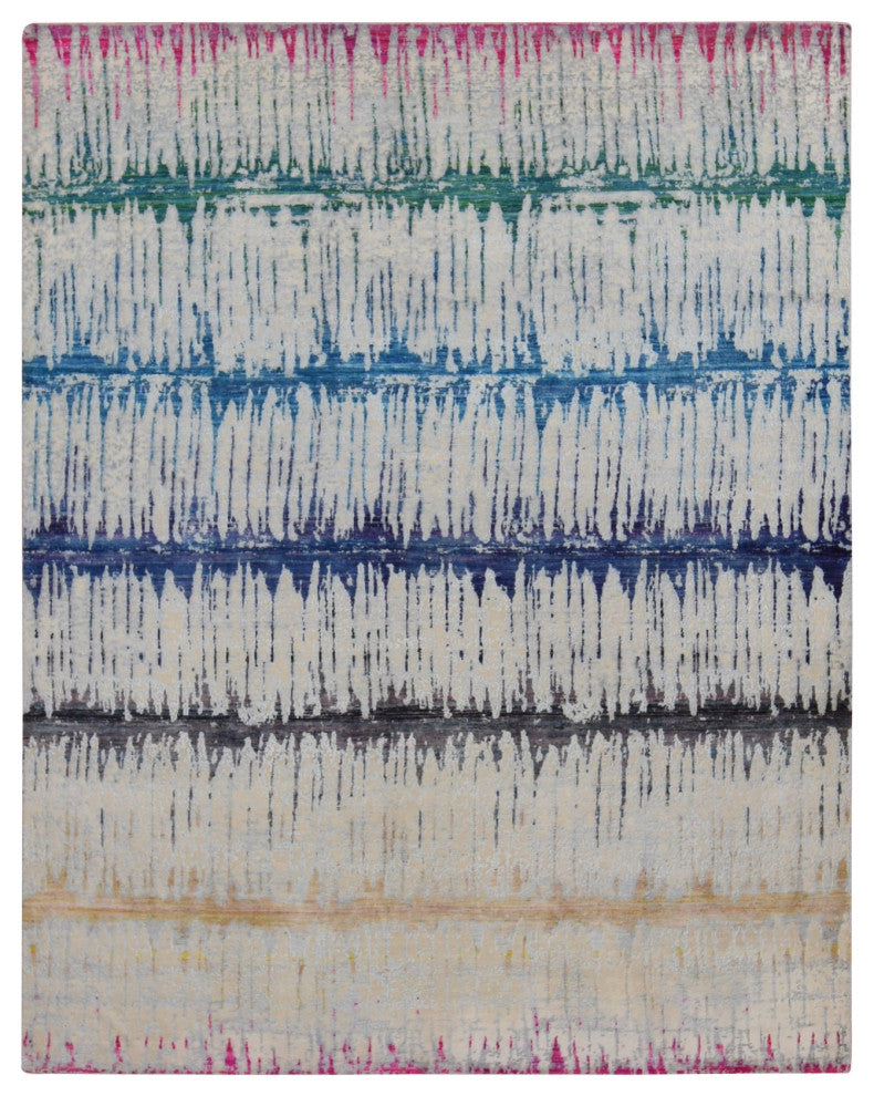 Cream Color The Cardiac Sari Silk With Textured Wool Hand Knotted Rug 8'x10'3"