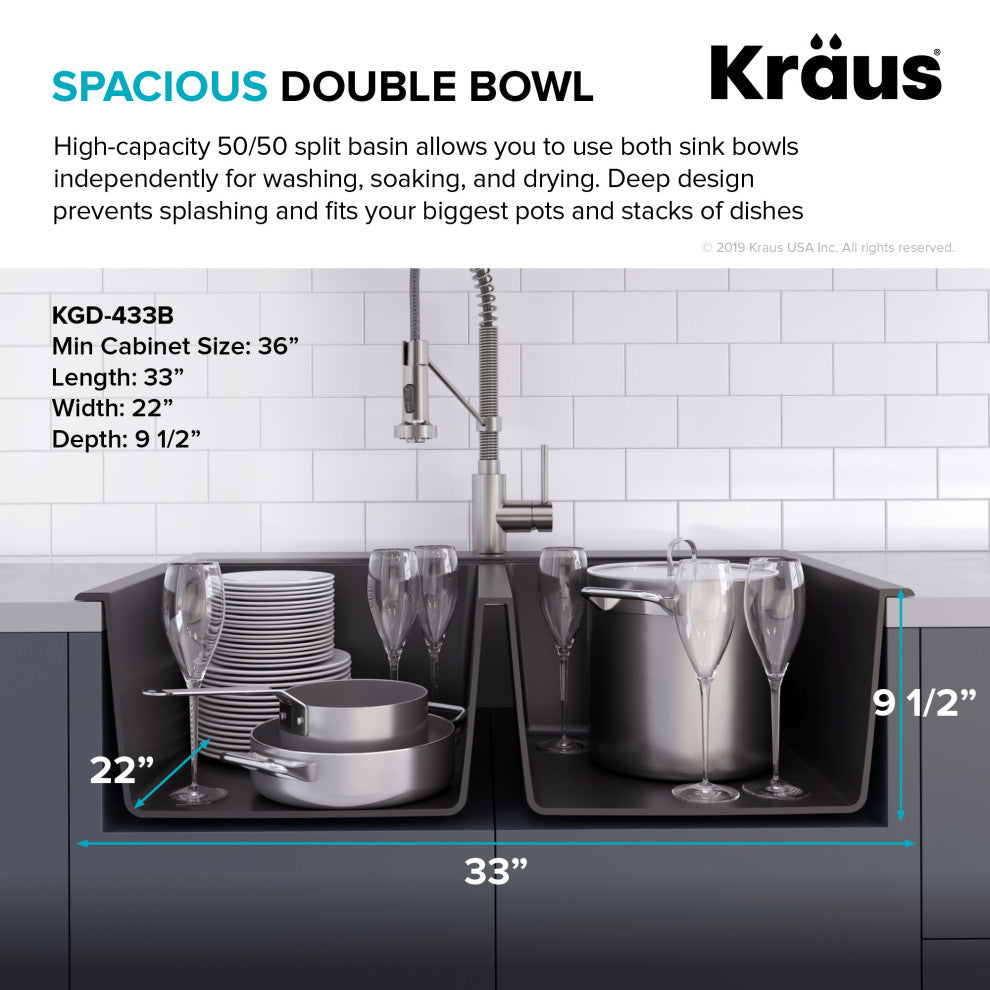 33" Drop-in Undermount Granite Kitchen Sink With Garbage Disposal
