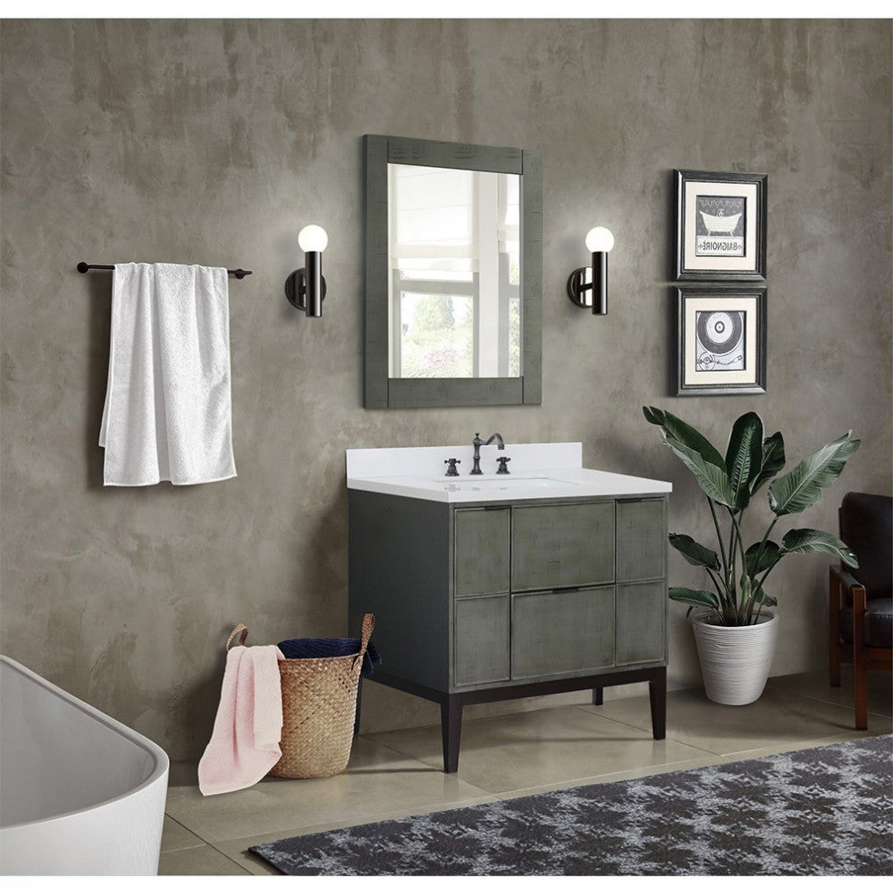 37" Single Vanity, Linen Gray Finish With Engineered Stone Top, Rectangle Sink