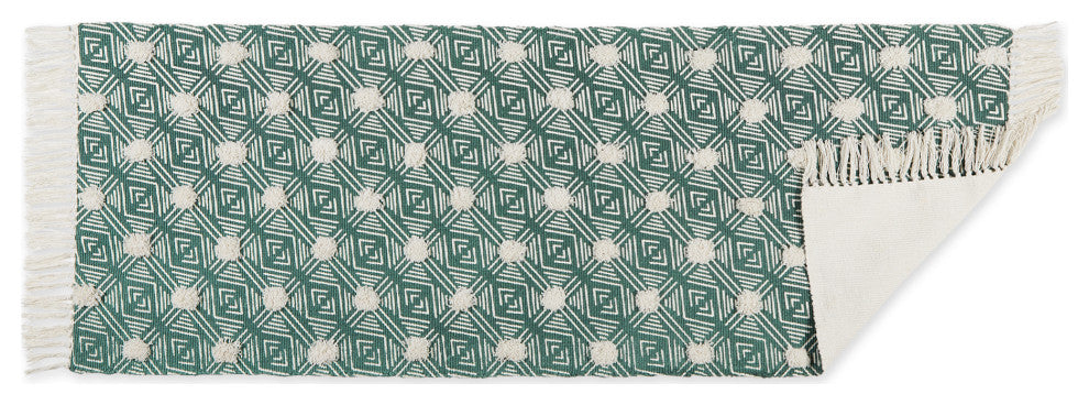 Teal Diamond Printed Off-White Hand-Loomed Shag Rug Runner 2Ft 3Inx6Ft