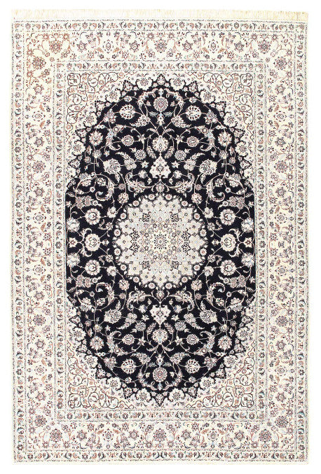 Navy Blue Fine Hand Knotted Persian Silk and Wool Nain 6'7''x9'11
