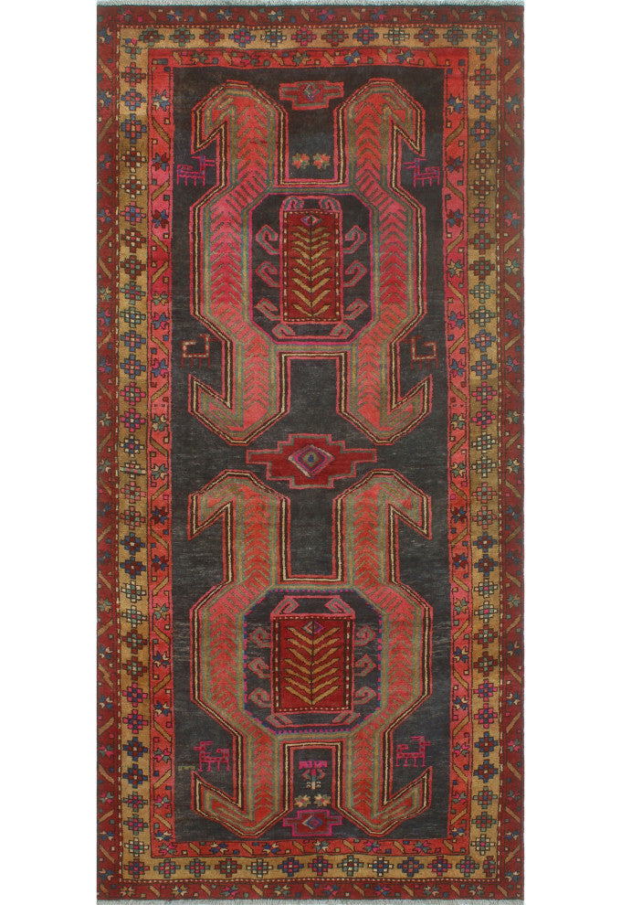 Fine Vintage Distressed Anaid Charcoal/Rust Runner, 4'5x9'2