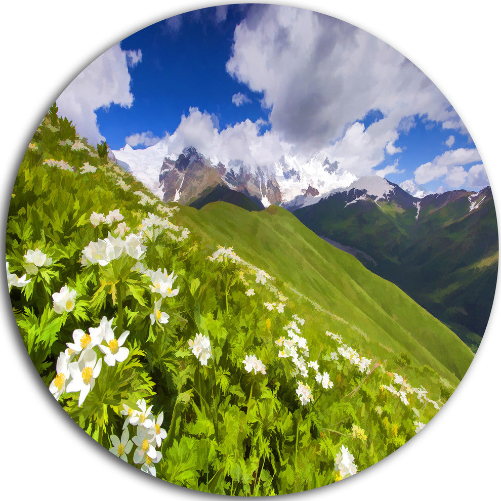 Blossom Flowers In Mountains, Landscape Disc Metal Artwork, 11"