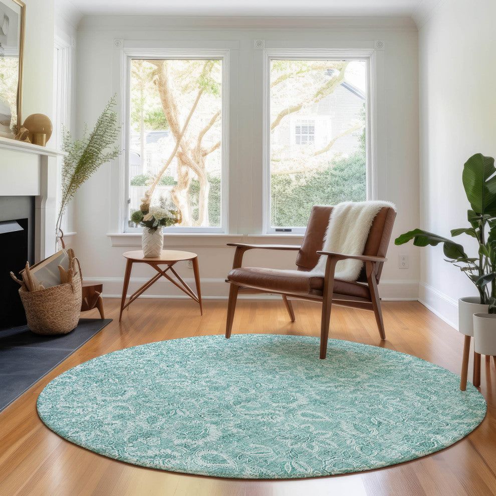 Premium Machine Washable Mayfield AMF662 Teal 8' x 8' Round Rug