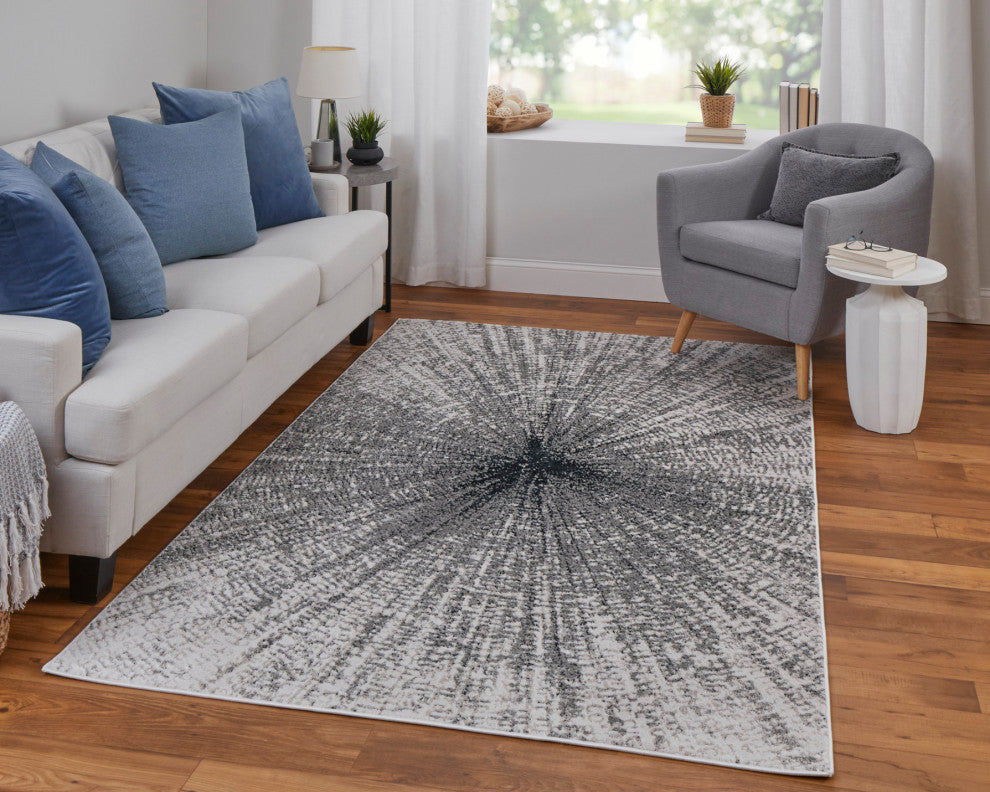 Orin Modern Abstract, Ivory/Gray/Blue, 5'x8' Area Rug