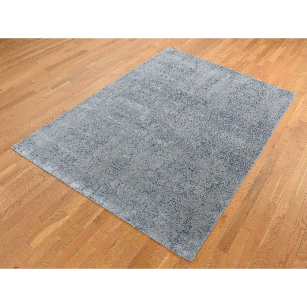 Ash Gray Muted Tone on Tone Wool and Silk Hand Loomed Oriental Rug 6'x9'