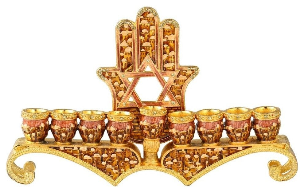 Hand Painted Enamel Menorah Candelabra Hamsa with Star of David Design
