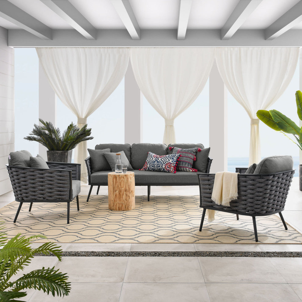 Lounge Sectional Sofa Chair Set, Gray, Aluminum, Modern, Outdoor Patio