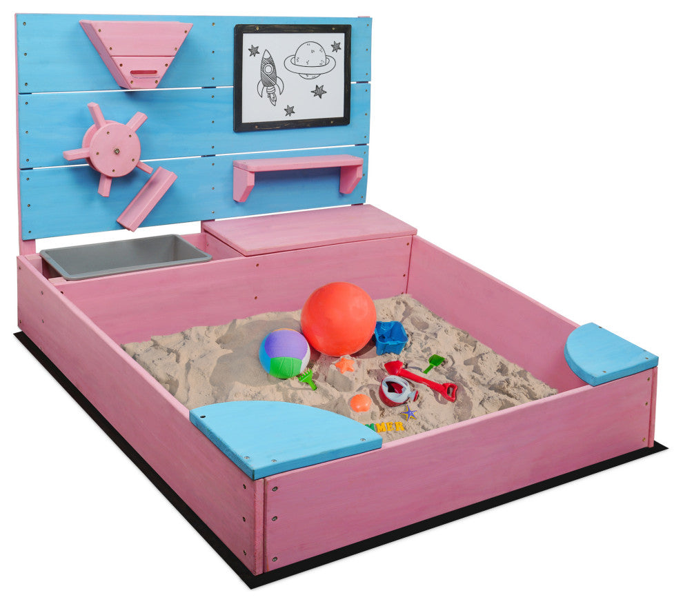 Kids Wooden Sandbox Outdoor Sandpit for Backyard with Cover (Pink)