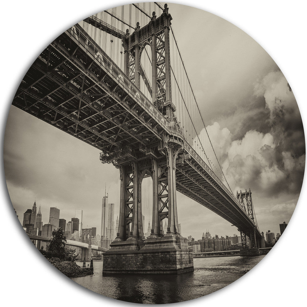 Manhattan Bridge In Dark Gray, Cityscape Photo Disc Metal Wall Art, 36"