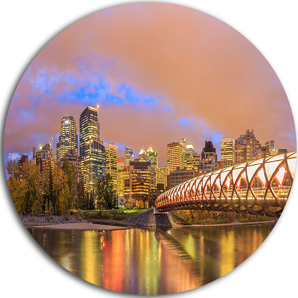 Calgary At Night, Cityscape Photography Disc Metal Artwork, 11"