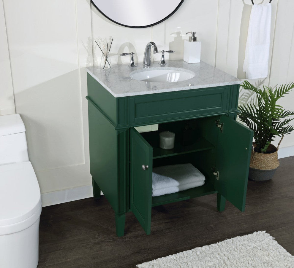Home Living Vanity with Carrara White Marble Countertop, Green, 30", Single Sink